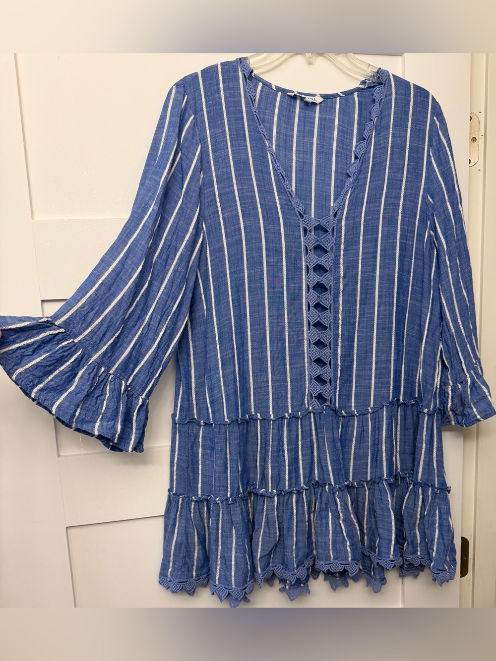 Blue Island Blue and White Striped CoverUp. Size-L